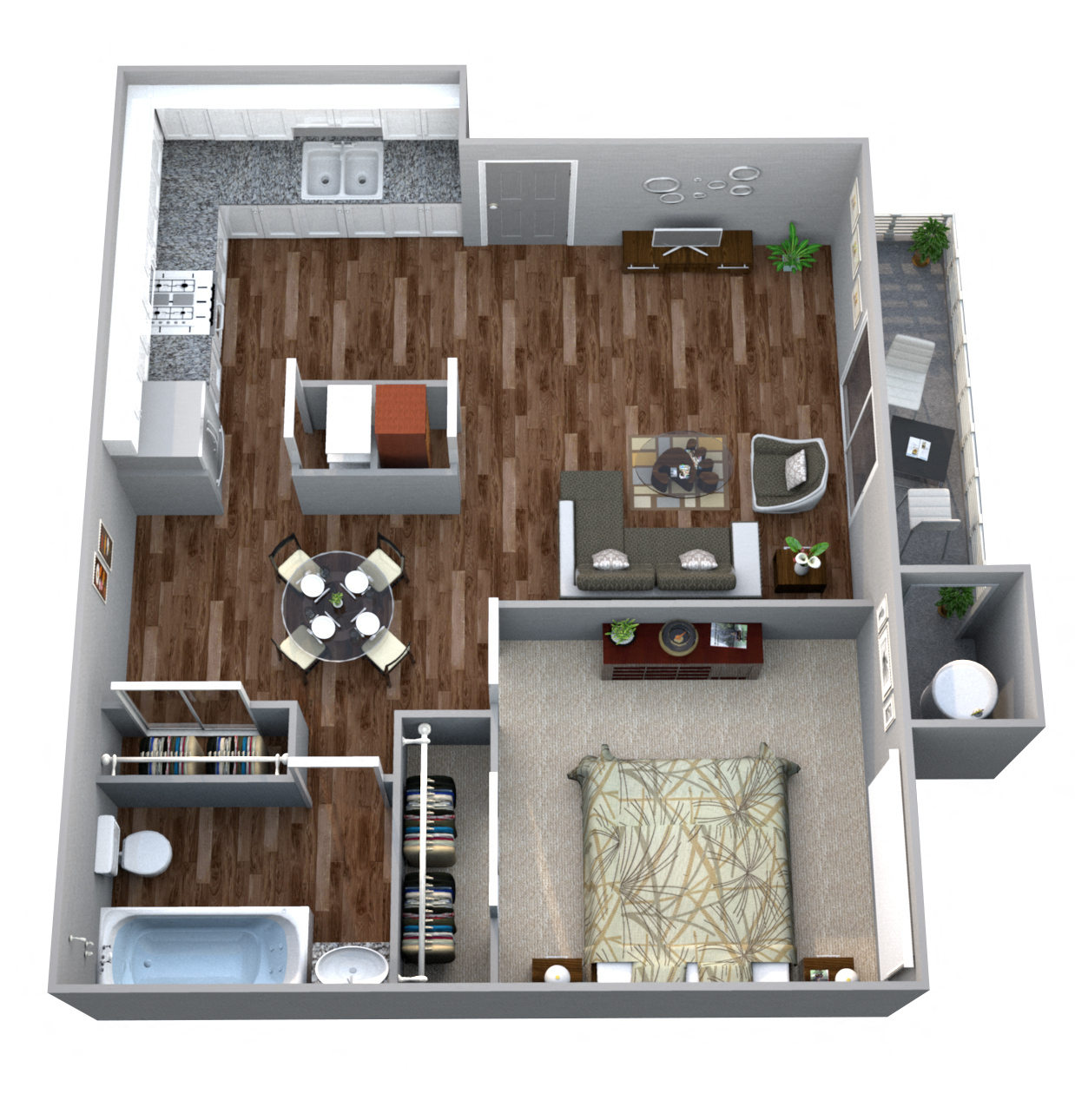Floor plan for 1 bed, 1 bath, 754 sqft